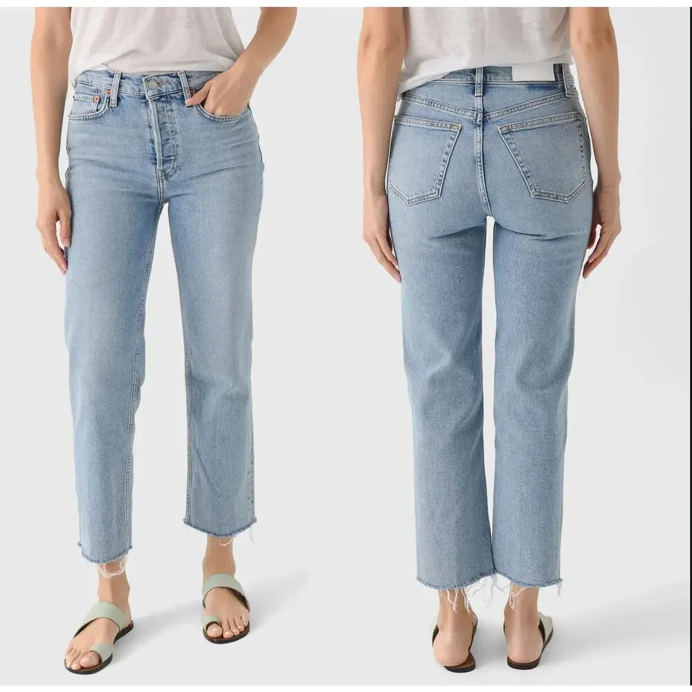 Re/Done Frayed Hem Straight Leg High Rise Stove Pipe Jean Blue Size: 24